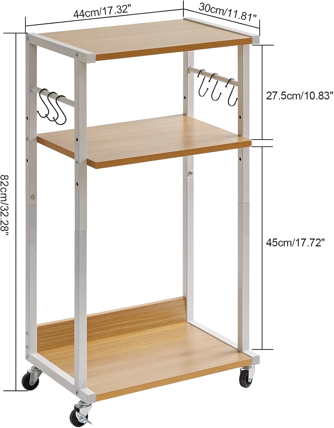 YMYNY Mobile Printer Stand, 3-Tier Printer Cart with Adjustable Storage Shelf and 6 S-Hooks, Tall Printer Table for Home Office, for Computer Tower Stand, Shredder, CPU Stand, Natural, UHPT002N