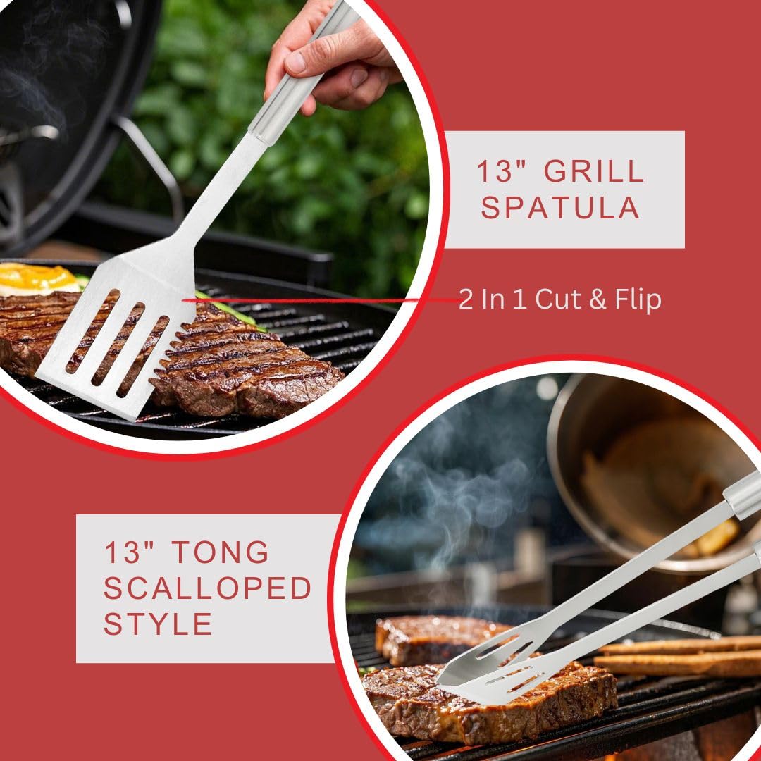 Juego de herramientas para parrilla de barbacoa de acero inoxidable, accesorios y utensilios para barbacoa, 4 espátulas, pinzas, cepillo de limpieza, tenedor, kit de herramientas de barbacoa de 13.5 5