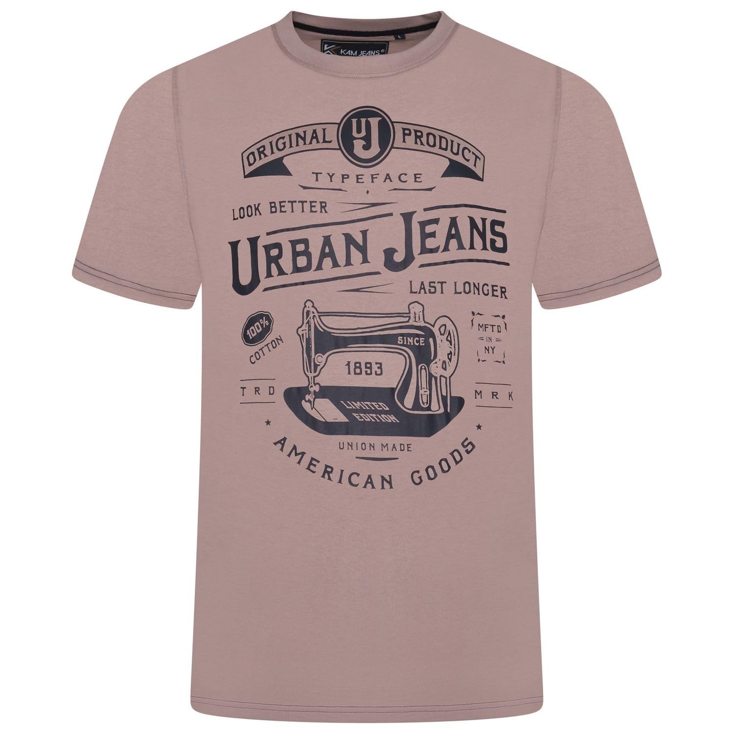 Kam Men's Mauve Urban Jeans Printed T Shirt Cotton Tee Casual Plus Size 2XL-8Xl 5807 (Uk, Alpha, 4XL, Plus, Regular, )