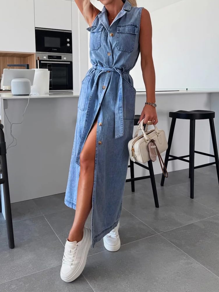 ORANDESIGNE Vestiti Jeans Donna Lunghi Estivi Vestito Jeans Lungo Senza Maniche Midi Abito Chemisier Denim Bottoni Davanti con Cintura