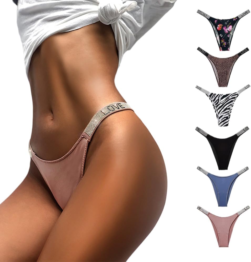 Women's Ice Silk Rhinestone Thongs Low Waist High Cut Bikini Underwear Hipster T Back Panties 6 Pack