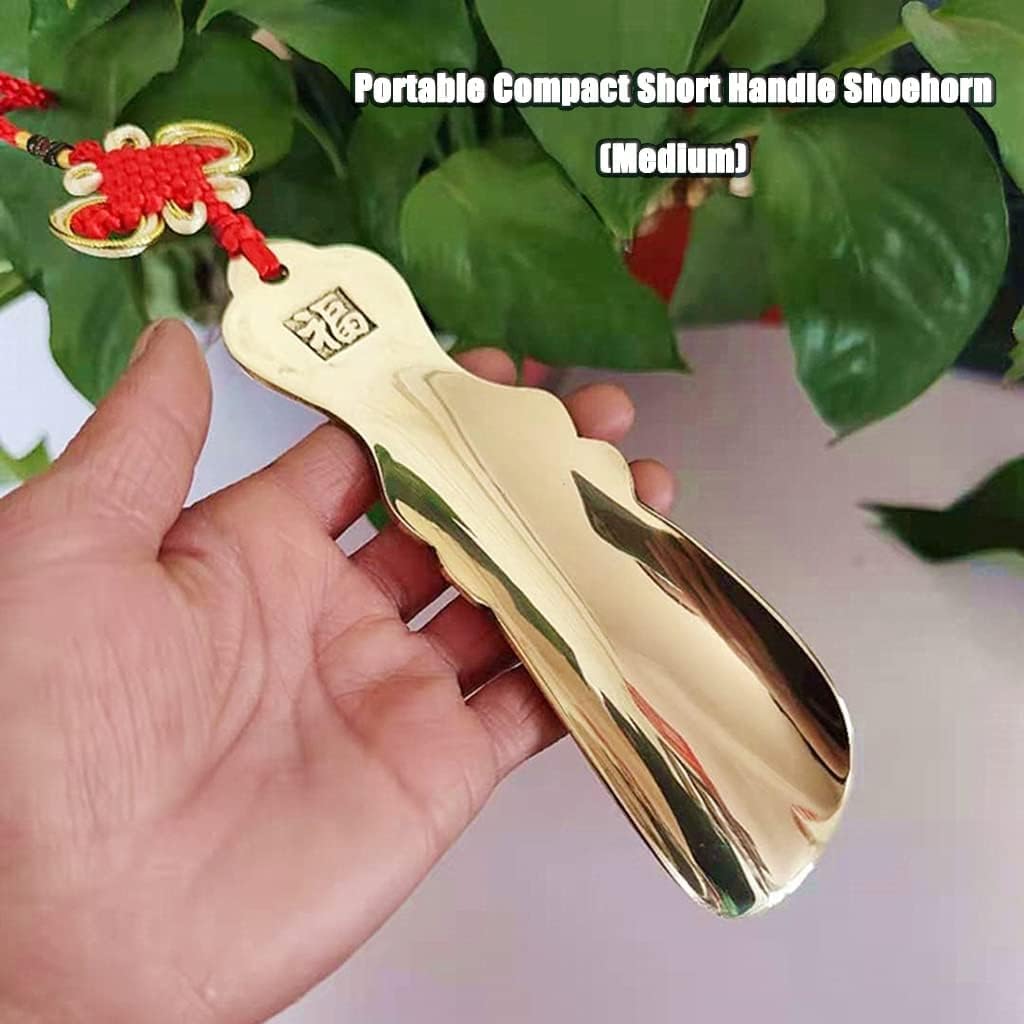 Schuhhilfe Für Senioren Tragbare Kompakte Schuhlöffel Mit Kurzem Griff, Einfach Zu Verwendende Schuhheber Aus Messing Mit Chinesischen Knopfschnur, 3 Größenoptionen, Gold, 17 * 5cm