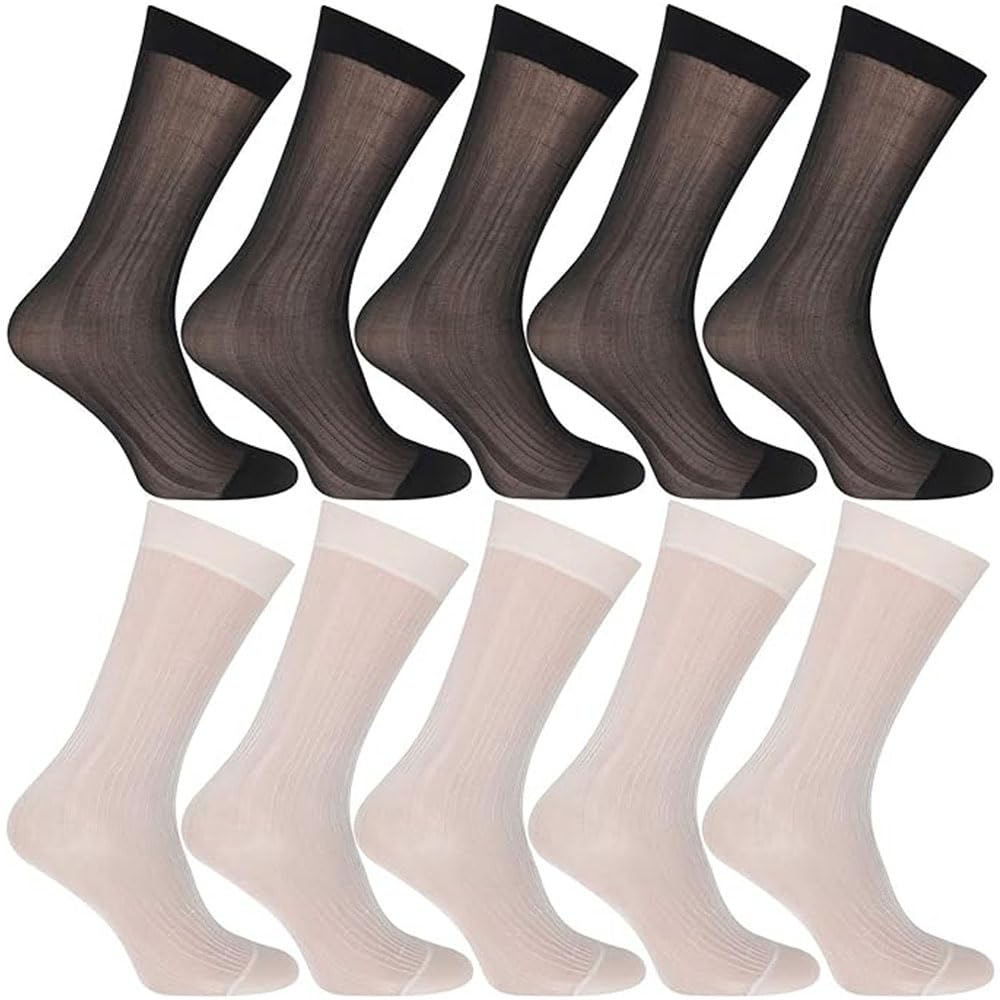 Babahu Men's A01-5Black+5White Ultrathin Dress Socks Silk Sheer Business Socks Soft Nylon Work Trouser Sox Mid Calf
