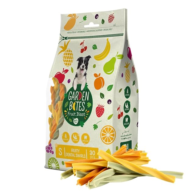 Garden Bites Fruity Dental Swirls - Snacks Vegetarianos para Perros - Sin Gluten - Sabor a Fruta