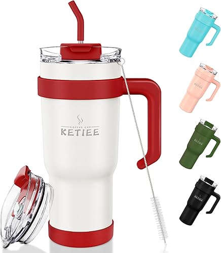 KETIEE Vaso de 40 onzas con asa y popote, taza de viaje de acero inoxidable a prueba de fugas con tapa atornillada y pajilla, botella de agua