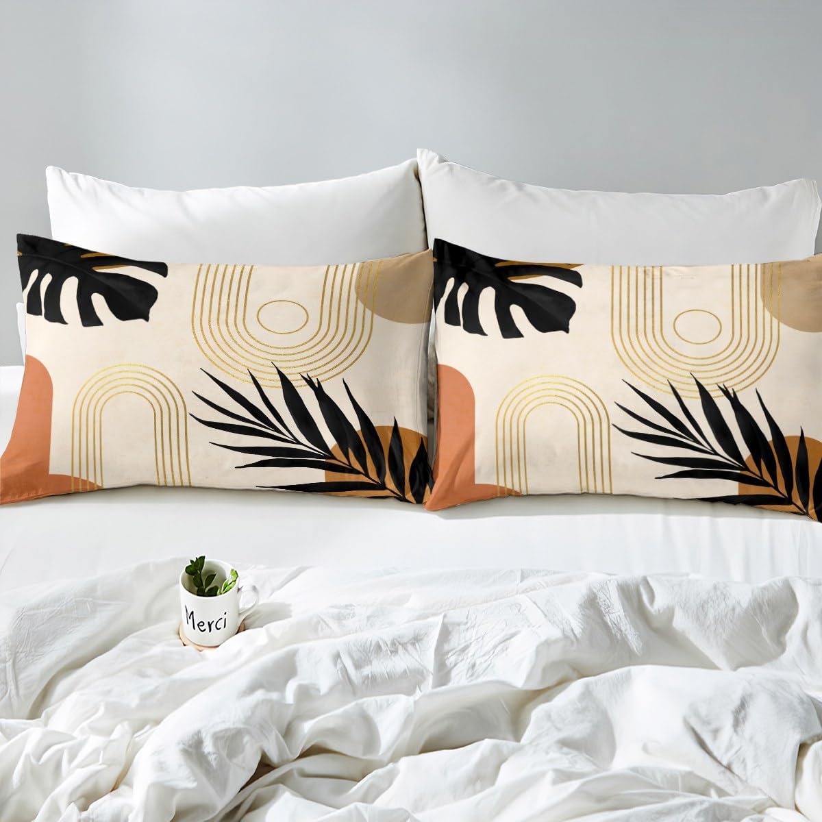 Erosebridal Boho Mid Century Full Bed Sheets, Abstract Tropical Palm Leaves Fitted Sheet, Modern Minimalist Botanical Bedding Set, Bohemian Aesthetic Simple Geometric Sheets