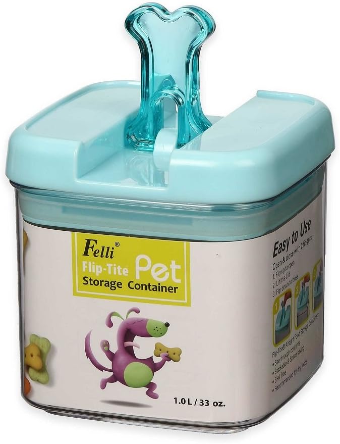 Small 5"H Flip-Tite Bone Square Pet Food Storage Canister in Clear/Blue