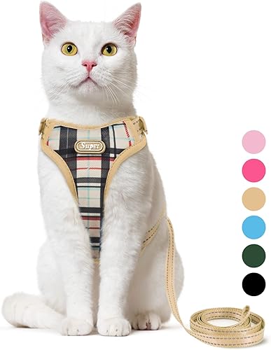Supet Arnés y correa para gatos a prueba de escapes para caminar, juego de arnés y correa para gatos a cuadros caqui para perros grandes y pequeños