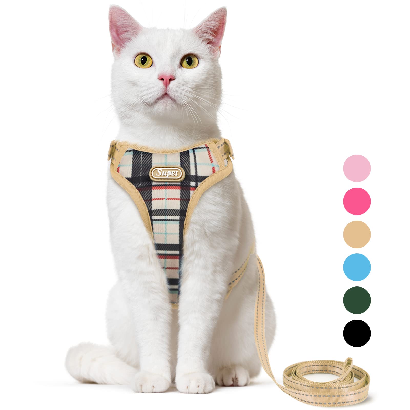 Supet Cat Harness and Leash Escape Proof for Walking, Khaki Plaid Cat Vest Harness and Leash Set for Large and Small Kittens Dogs