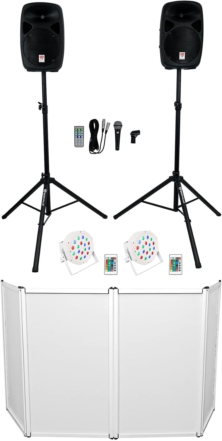 Rockville RPG102K Bundle: Dual 10 in Powered Speakers DJ PA System with Bluetooth Mic and Stands, RFAAW 112 x 48 in DJ Facade Booth with Bag and Scrims, 2X Battery Par 50 White LED Uplights, 4-Items