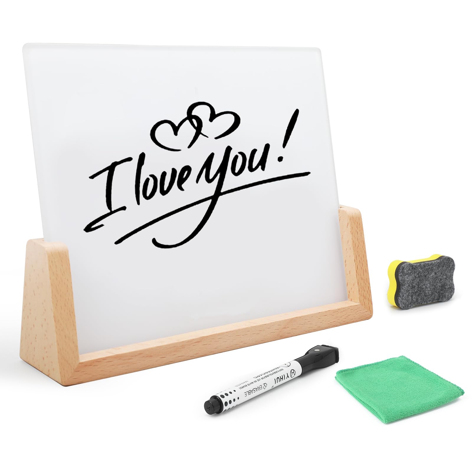 Pizarra blanca de cristal de escritorio con base de madera, pizarra blanca pequeña de borrado en seco, mini pizarra blanca portátil de escritorio para el hogar, oficina, 6.7 x 5.8 pulgadas. Accesorios
