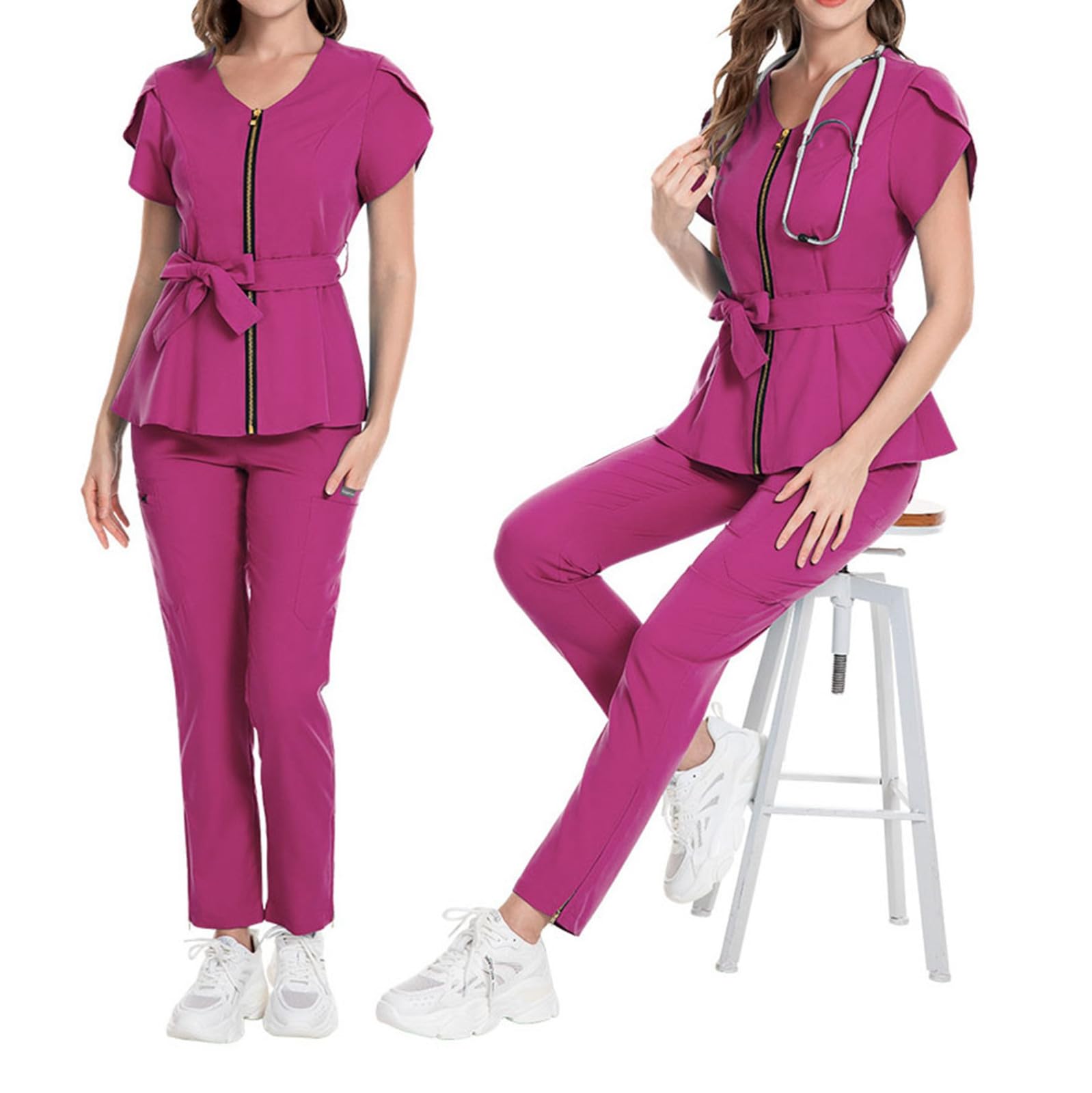 Uniforme mediche da donna, con scollo a V, top con cintura e pantaloni da jogging, vestibilità aderente, abbigliamento da lavoro per infermieri