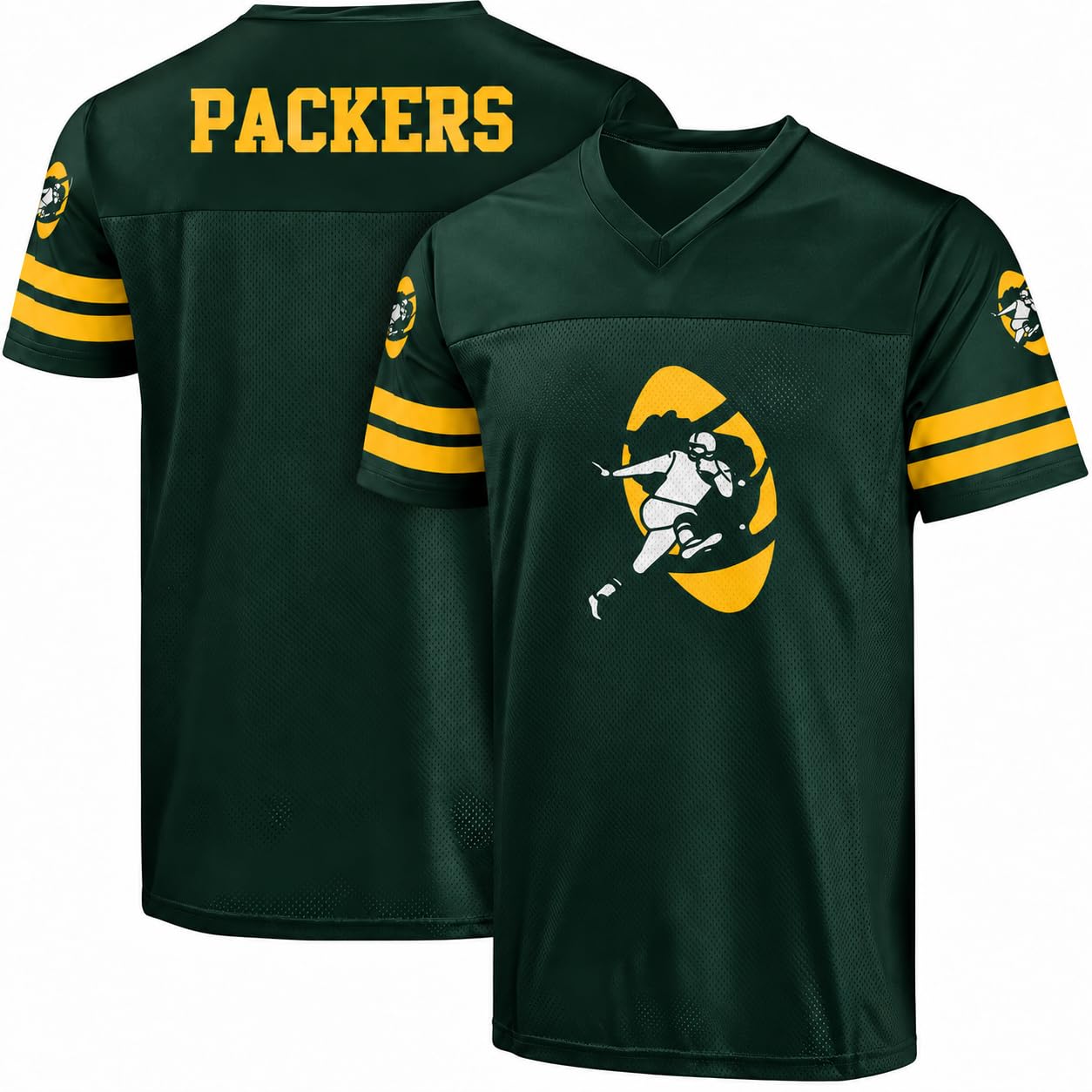 FOCO NFL Men's Officially Licensed Throwback Retro Primary Logo Game Day Football V-Neck Top, Green Bay Packers - Green, Large