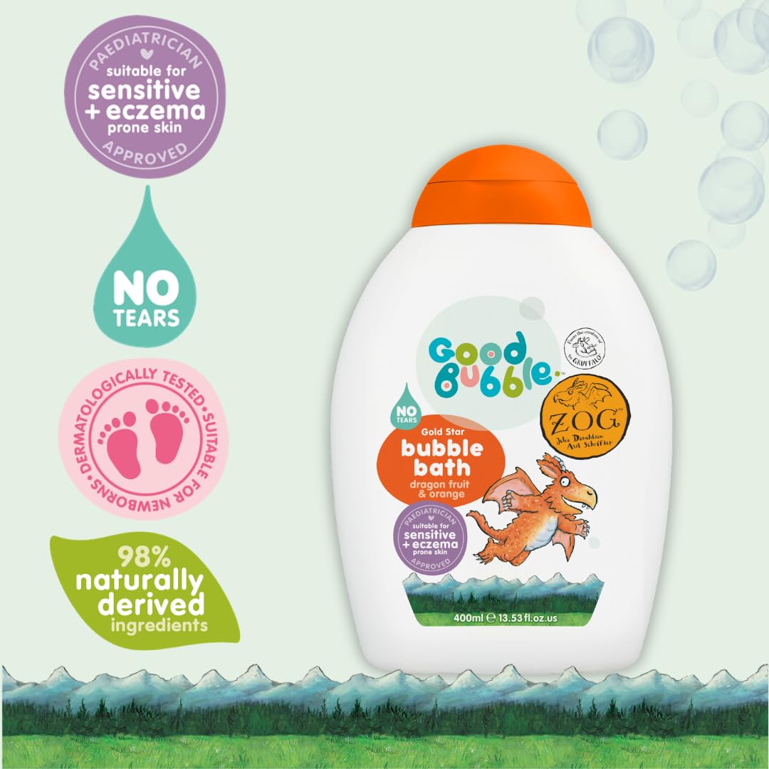 Good Bubble Zog - Baño de burbujas con fruta de dragón y naranja, 400 ml para pieles sensibles y propensas a eccemas, baño de burbujas vegano para niños pequeños