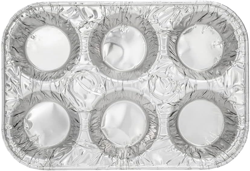 Restaurantware 6 Cup Muffin Pan - 50 Count - 9.56 x 6.5 x 1.5 Inches Aluminum Foil Tray Disposable Multi-Compartment Baking Pan Oven-Safe Standard Size Silver