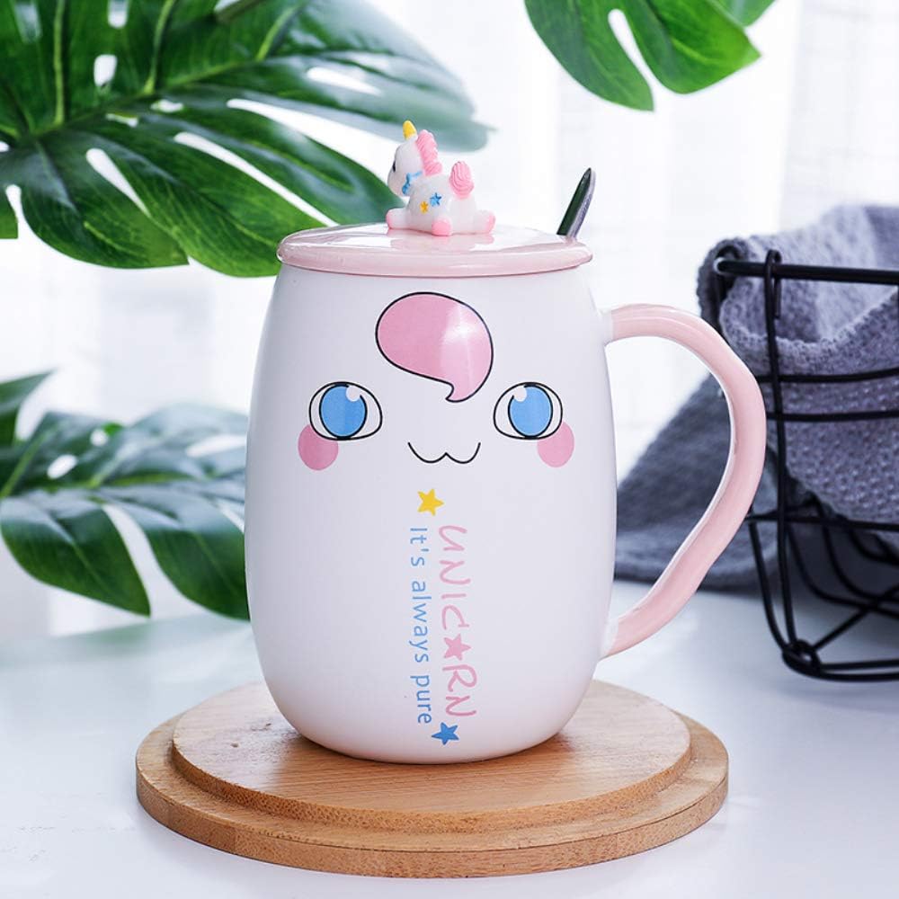 ABYED Unicorn Mug Coffee Tea Cup with Spoon Ceramic Travel Mug with Lid and Handle for Girl Woman - 500ml,White&Pink