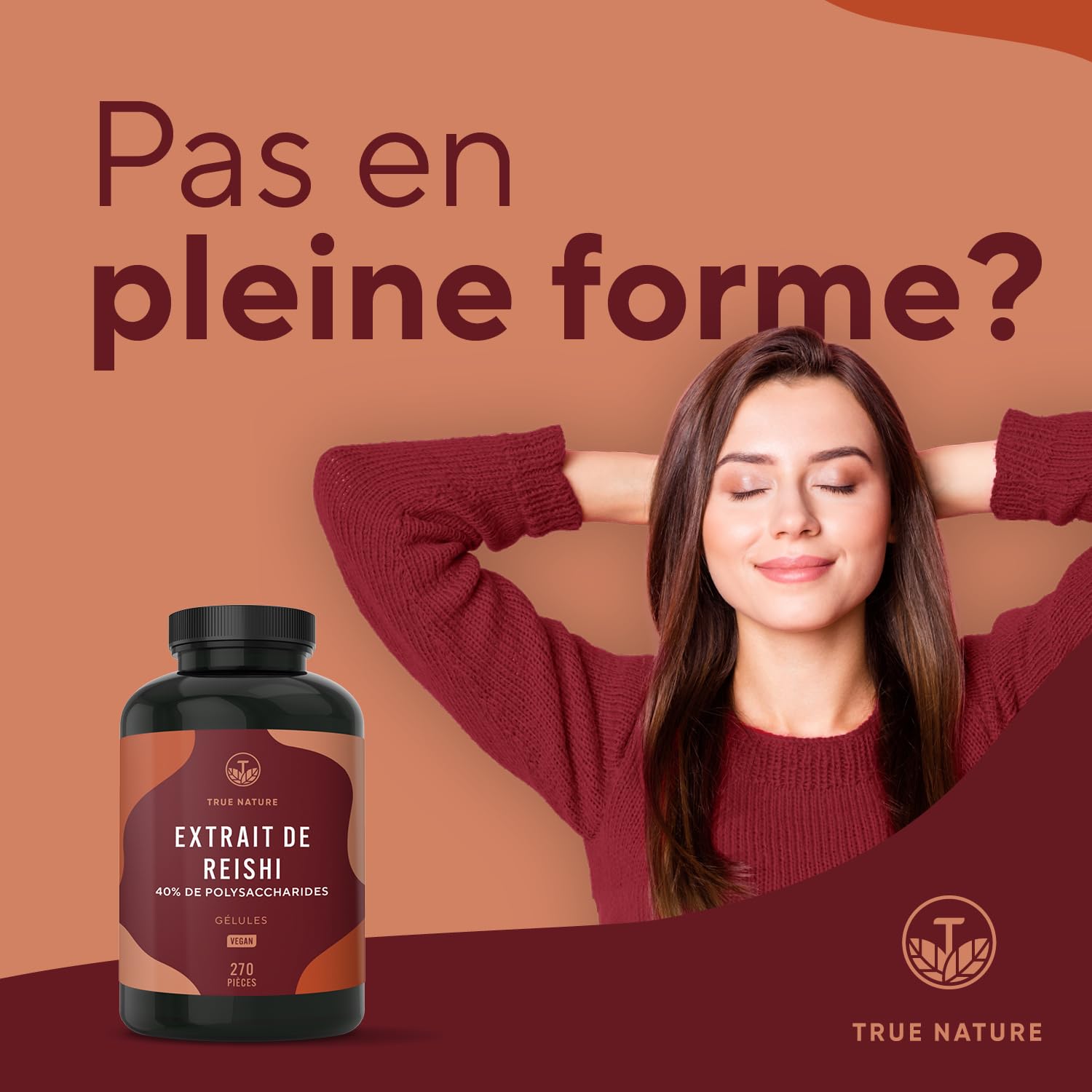 Reishi Ganoderma Lucidum - 270 Gélules - 20.100mg/jour, Extra Concentré (5:1) - 40% Polysaccharides - Immunité & Énergie - Sans Additifs, Gluten & Lactose - TRUE NATURE