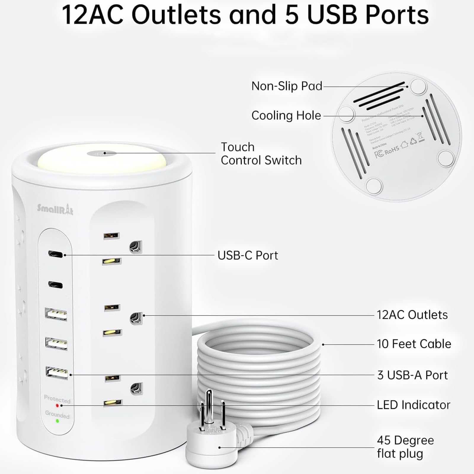 Tour multiprise avec 5 ports USB et veilleuse, rallonge de 3 m avec 12 prises CA différentes (blanc)