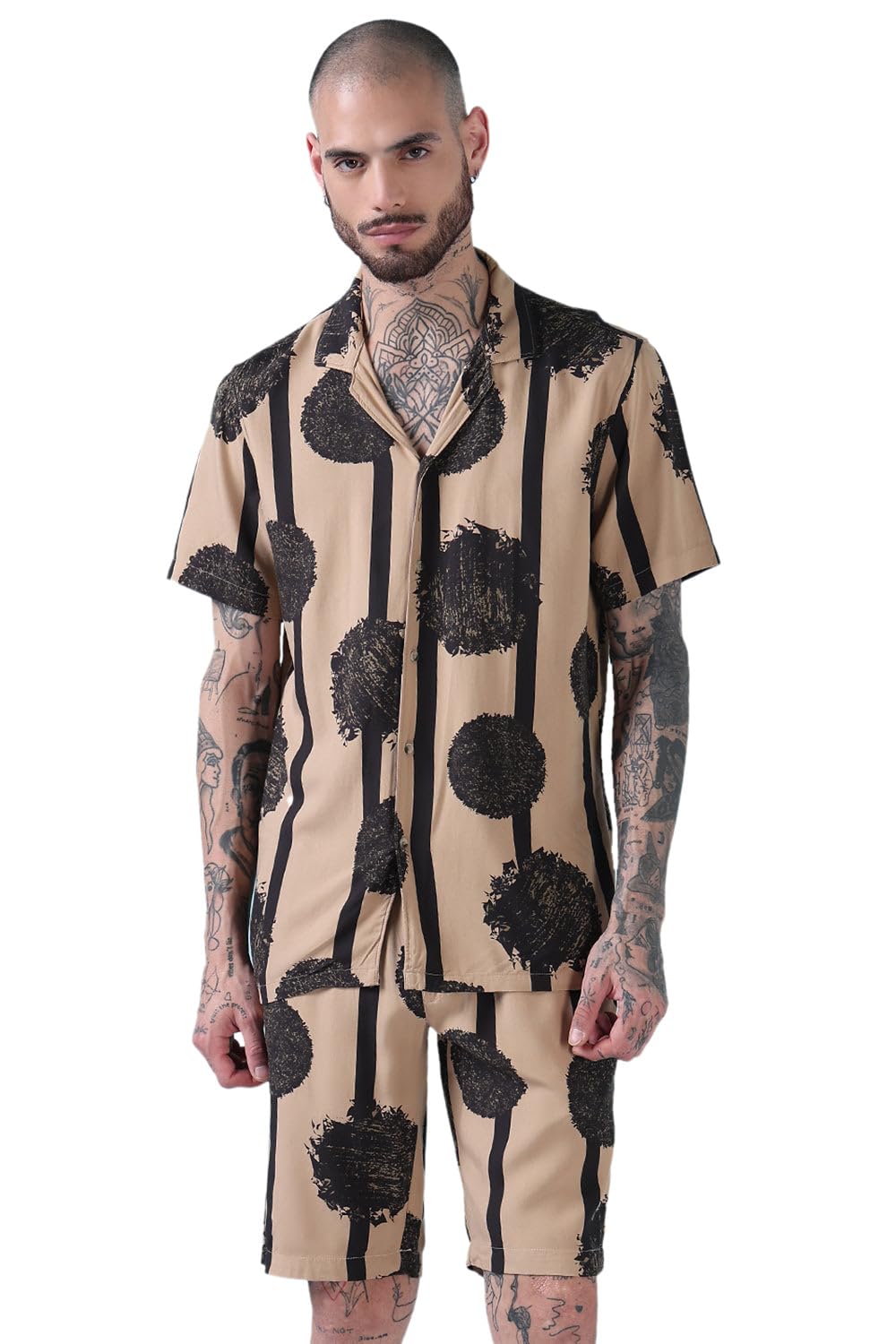 showoffff Edition Men's Beige Abstract Print Cuban Collar Relaxed Fit Co Ords Set-Kinsey-3320_Beige_M-picture-11