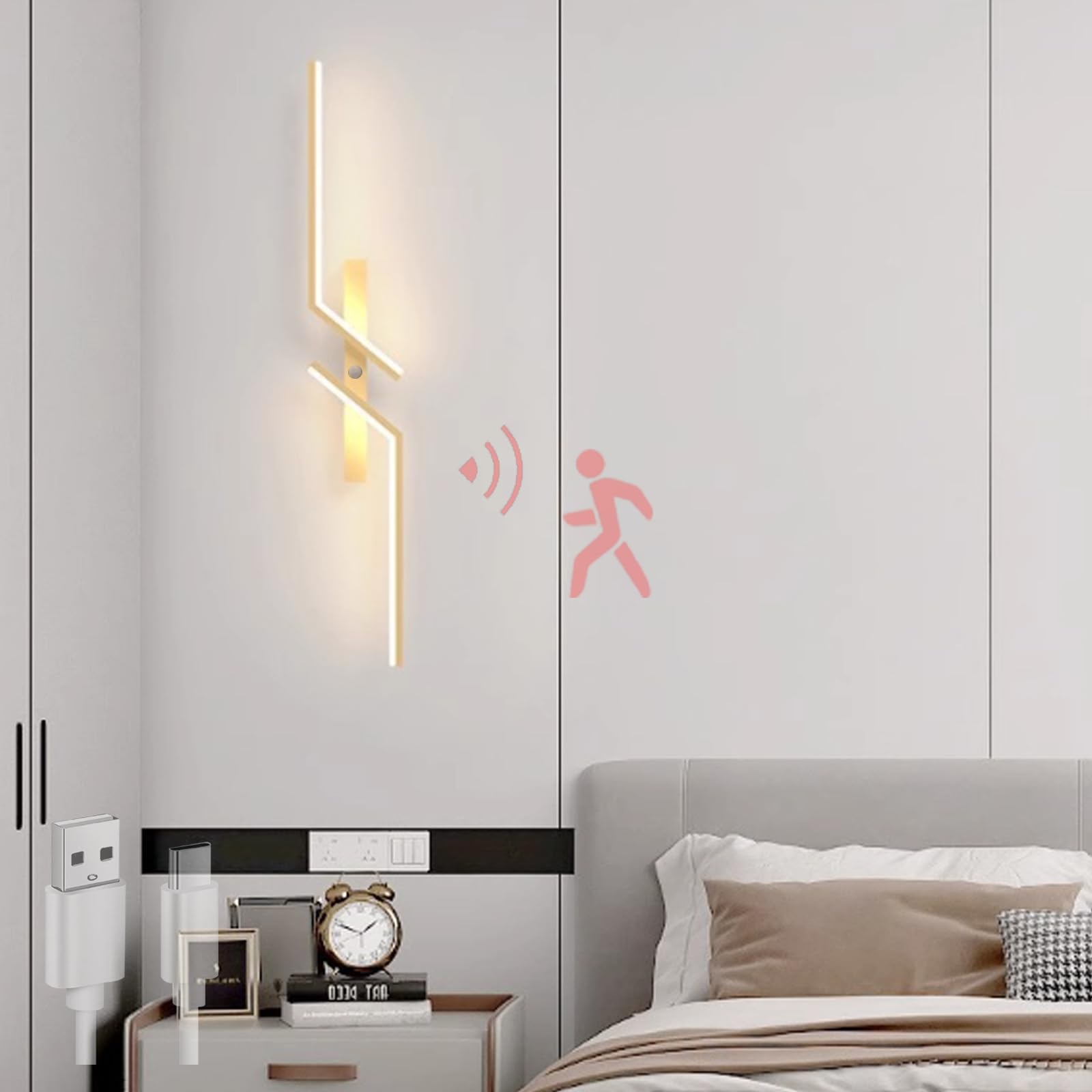 Luz de pared recargable USB de 4000K con detector de presencia y fijación magnética oro 8