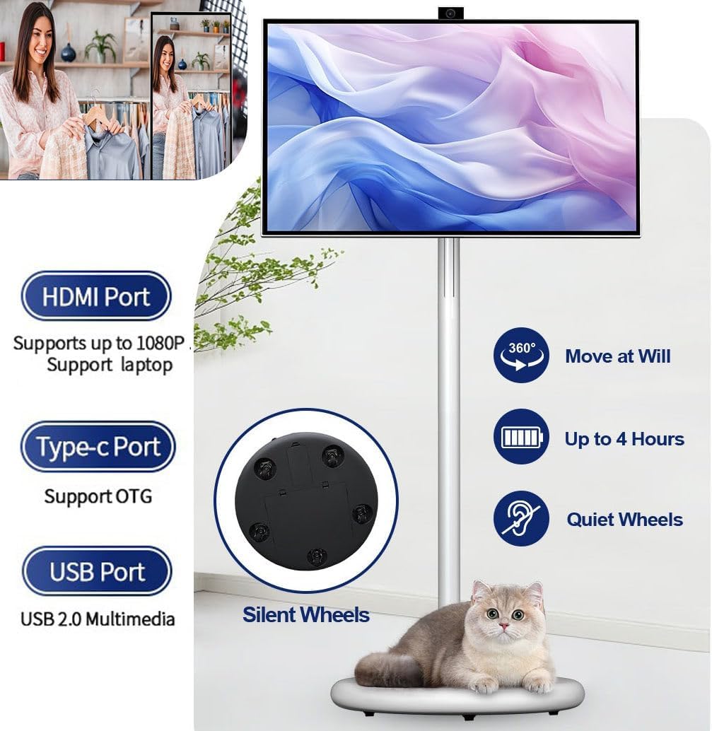 32Inch Portable TV on Wheels,4k Wireless TV with Touchscreen Display | 13 Million Camera | Adjustable Floor Stand | 8h of Battery Life | 1080p Portable Smart TV | 8+128gb