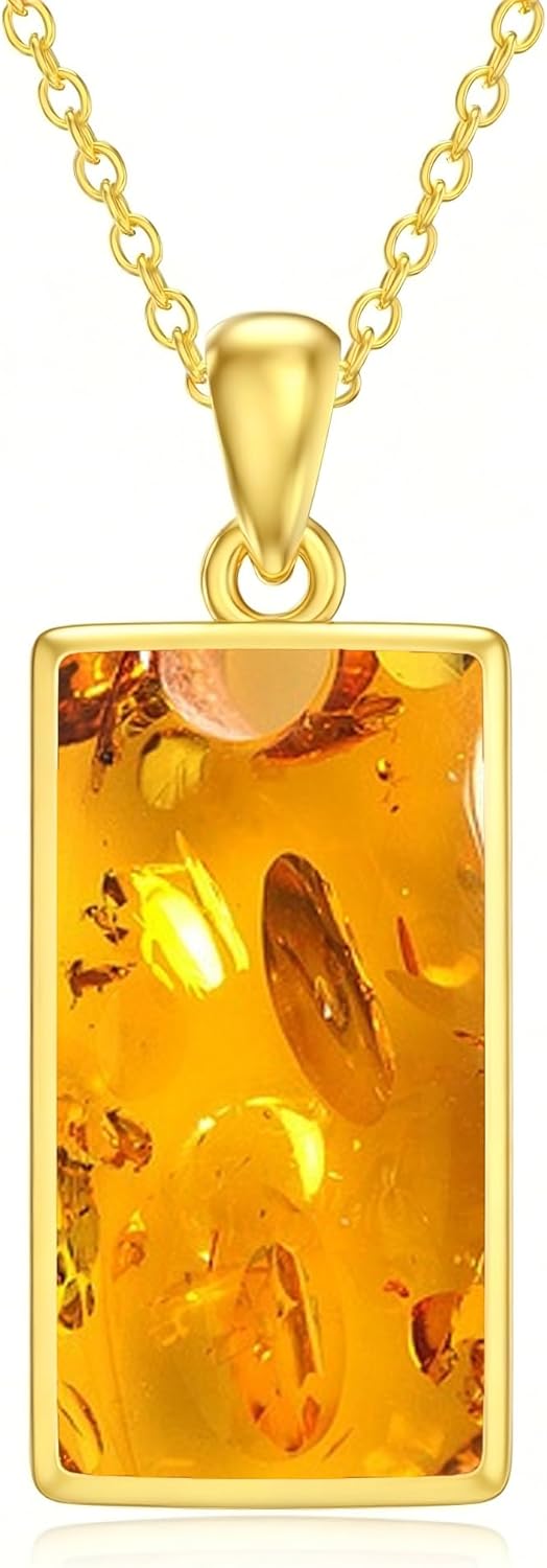 Genuine Baltic Amber 18K Gold Plated Pendant Necklace 925 Sterling Silver Healing Natural Gemstone Minimalist Jewelry for Women Amber Lover