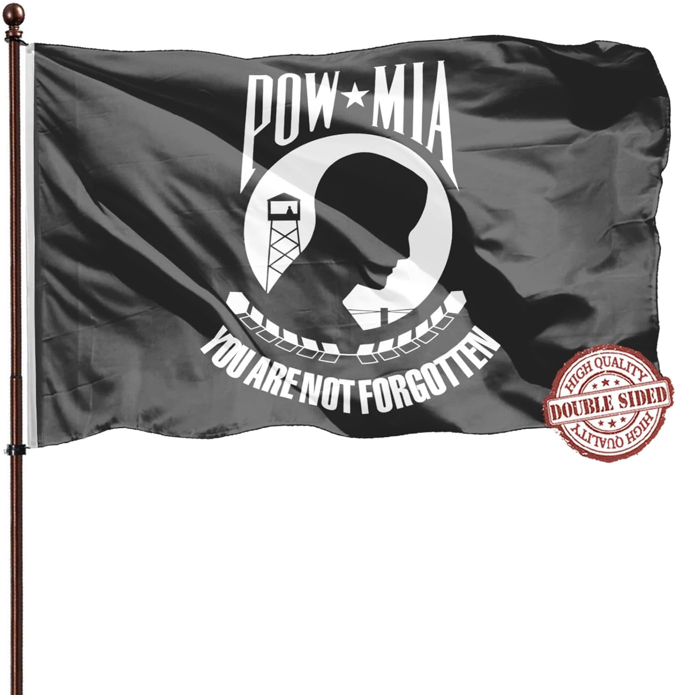 Double Sided Pow Mia Flag 5x8- Heavy Duty 3Ply 240D Polyester Vivid Colors- You Are Not Forgotten Prisoner of War Flag- 4 Rows Stitched and Canvas Header with 3 Brass Grommets