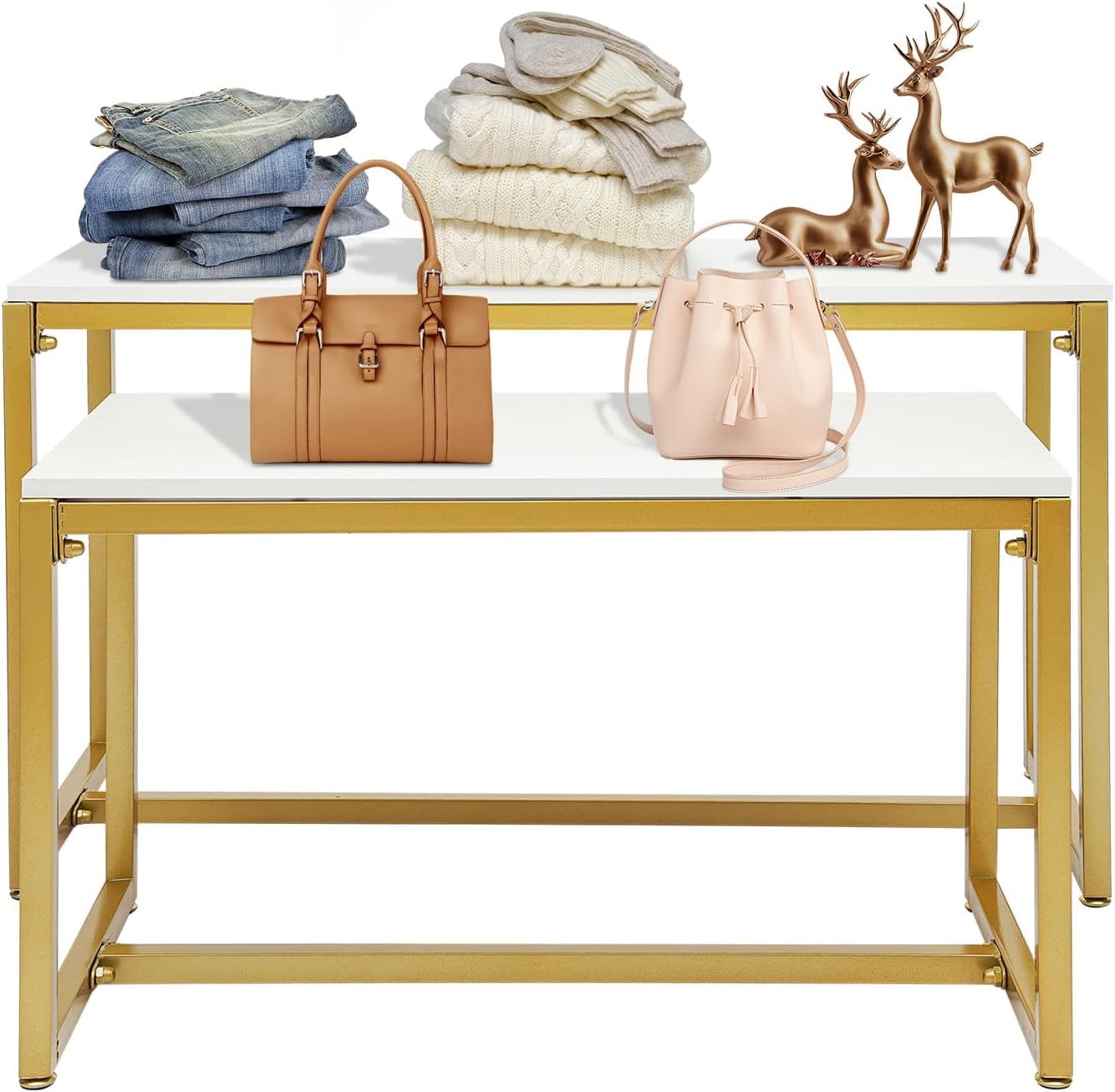 Photo 1 of 2-Piece Gold Metal Nesting Display Tables Shoe Handbag Retail Display Racks