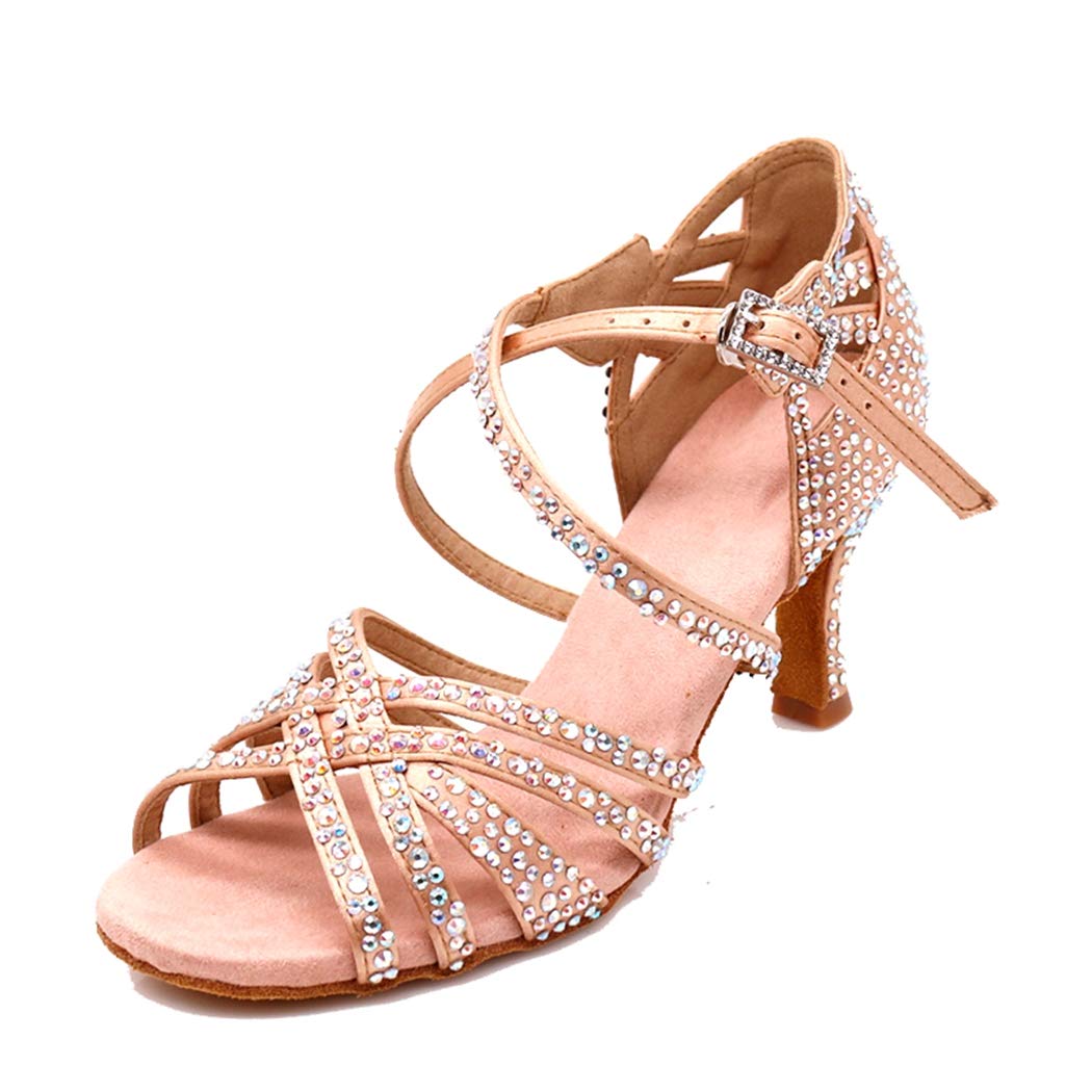Sandalias de baile moderno latino con correa cruzada para mujer, con diamantes de imitación de tango social, bailes, Tacón marrón de 9 cm. — view 27
