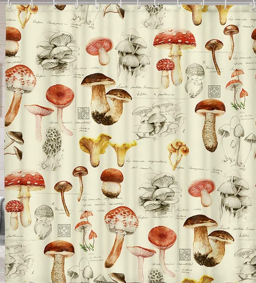 Mushroom Shower Curtain, Retro Mushrooms Natural Garden Plant Pattern Psychedelic Mushroom Shower Curtain for Bathroom 72 X 72 Inch