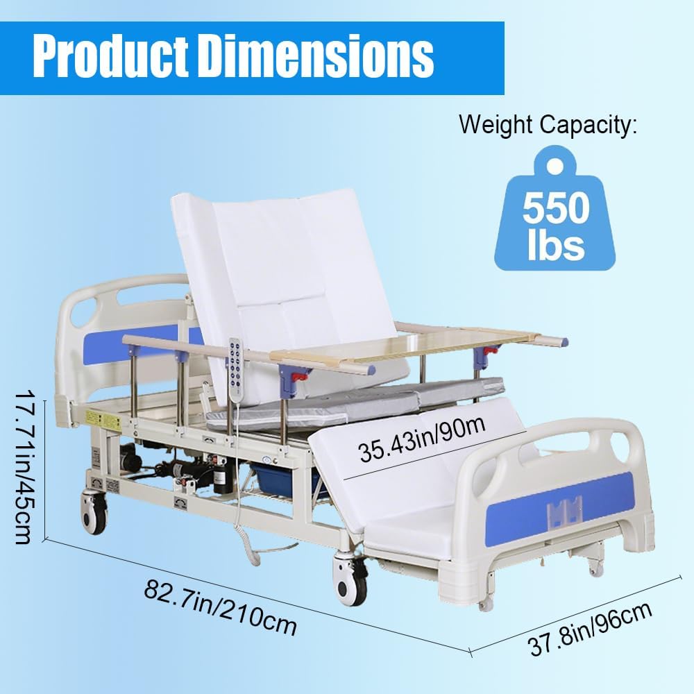 Premium Full Electric Hospital Bed for Home Use, 10 Function Nursing Bed with Lateral Tilting, 5" Casters, Includes Tray and Transfer Sheets, 550 lbs Capacity (with Air Mattress 1)
