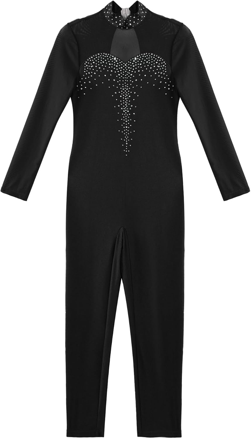 Hansber Gymnastics Leotard Unitards for Girls Long Sleeve Rhinestone Full Body Bodysuit Figure Skating Jumpsuit