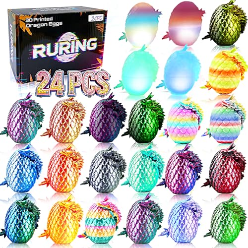 24PC 3D Printed Dragon Easter Eggs,Easter Basket Stuffers with Dragon Inside Stress Relief Fidget Toy,Fantasy Office Desk Decor Surprise 3D Printed Animals Toy,Unique Easter Eggs Gifts for Aduls Kids