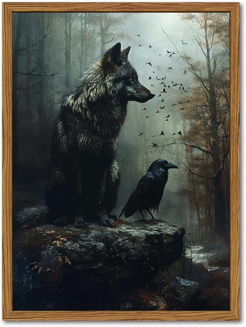 Framed Vintage Wolf and Raven Canvas Wall Art, Gothic Dark Academia Crow Pictures Wall Decor, Moody Forest Animal Paintings Prints Spooky Home Decor for Living Room Bedroom Dorm 12x16 inch16x24 inch