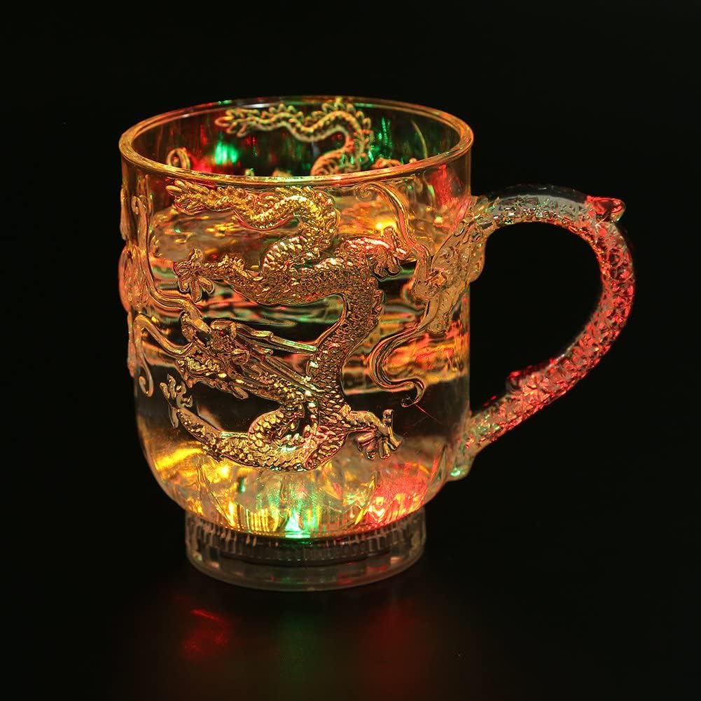Agatige Flash Light Up Cups Glasses, Dragon Pattern Color Changing Coffee Mug LED Automatic Luminous Cup Glowing Wine Glasses with Handle for Bar, Night Club, Party