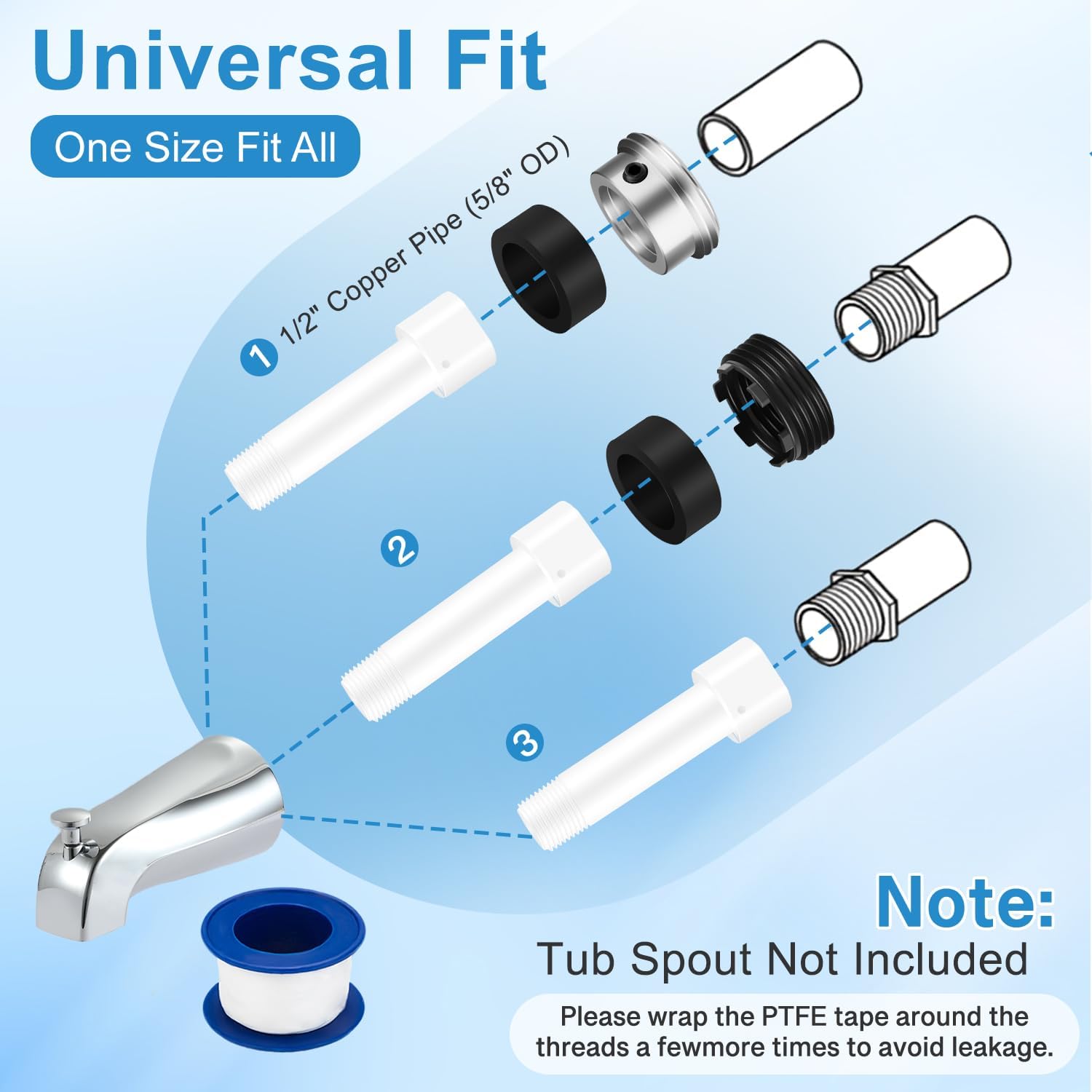 Four in One Tub Spout Adapter, Bath Tub Spout Kit Compatible with 1/2'' Copper Pipe, for 1/2'' and 3/4'' Pipe Thread, Slip on Adapter Kit with Assembly Tool