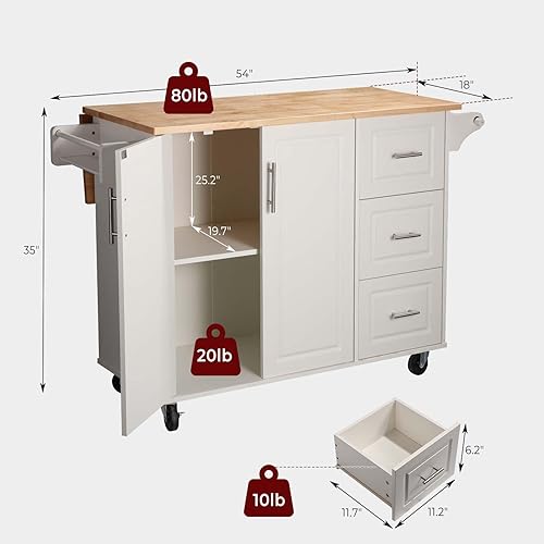 Miniatura 7 de Carrito de isla de cocina rodante de 54 pulgadas con almacenamiento, armario de cocina grande con barra de desayuno plegable de hojas caídas, mesa
