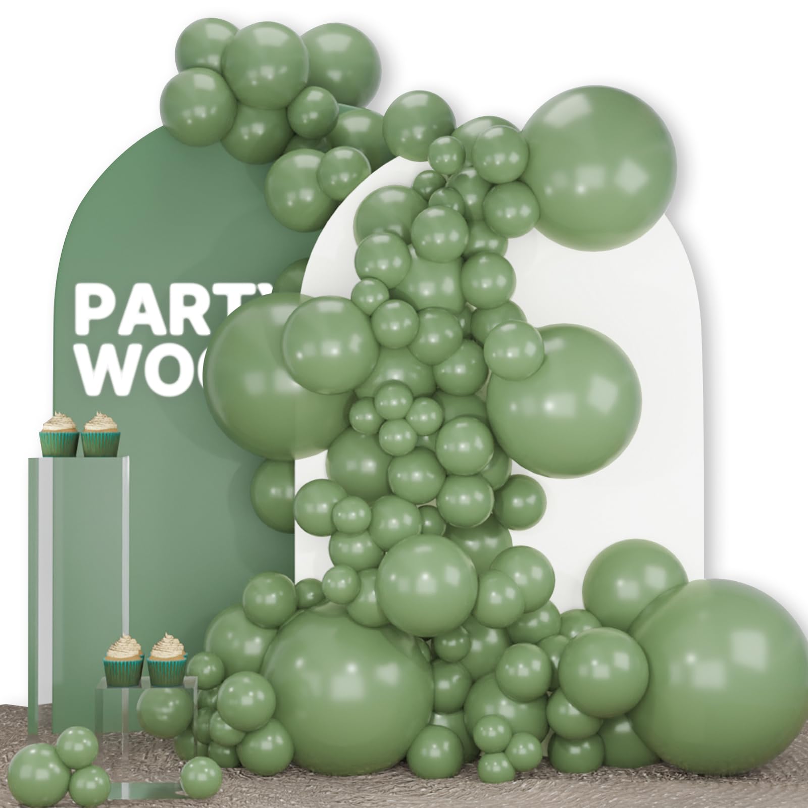 PartyWoo Sage Green Balloons 140pcs Different Sizes | Boho Neutral Balloon Arch Kit - main product image