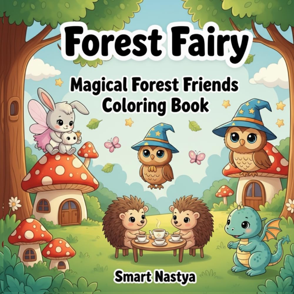 Forest Fairy: Magical Forest Friends Coloring Book, Cute Fantasy Woodland Coloring Pages with Fairies, Baby Dragons, Owl Wizard, Mushroom Houses and Adorable Forest Animals Activity Book