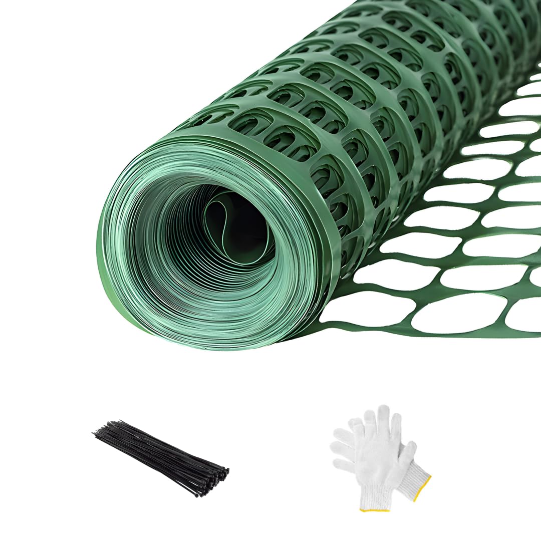 Photo 1 of TRAE Safety Fence Plastic Mesh Roll 4 x 100 FT, Green Temporary Fencing for Garden Pool Construction Events and Animal Barrier, Free 100 Zip Ties and Gloves, Secure Reusable and UV-Resistance