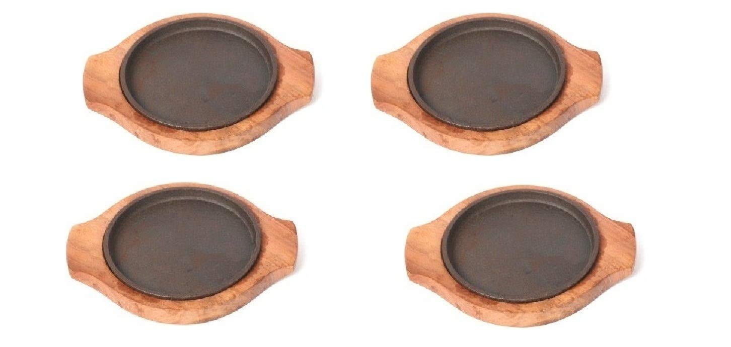 famacart Sizzling Brownie Sizzler Plate/Tray with Wodden Base Round 5 inch (Wooden Brown Black iron, 4)