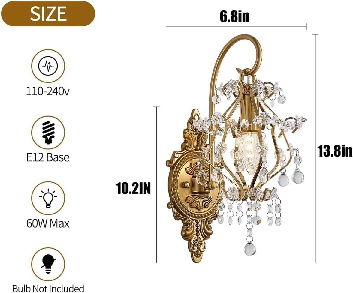Applique da Parete per Interni, Camera da Letto, corridoio, Cristallo Dorato, Lampada Decorativa per