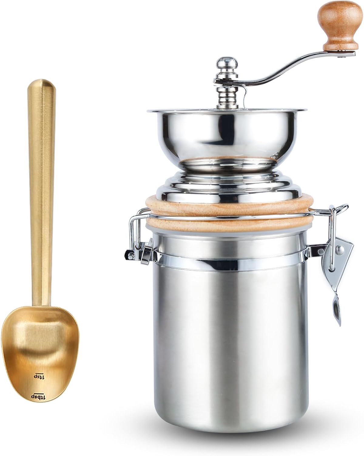 Easyworkz Stainless Steel Long Hollow Handle Coffee Scoop,7g Measuring Spoon, Brass Gold, Bundled with Manual Coffee Grinder, Adjustable Settings, Airtight Canister, Coffee Bean Mill Tool