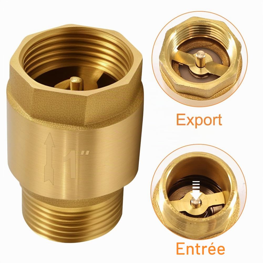 Clapet anti-retour en laiton 2,54 cm, clapet anti-retour 1 pouce AG vers IG, valve de retour 1", inoxydable et étanche pour pompe, jardin, machine à laver, tonneau