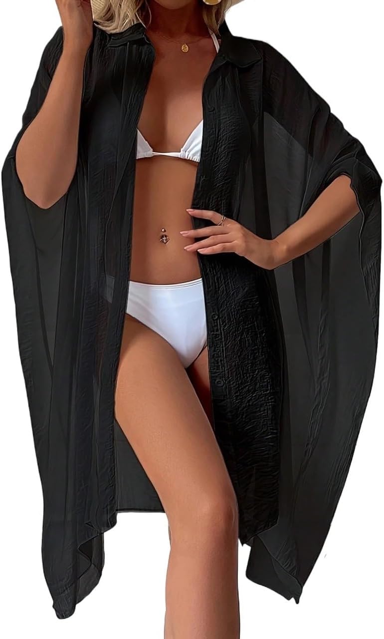 Women's Batwing 3/4 Sleeve Chiffon Cover Up, Single-Breasted Shirt Dress, Solid Color Jacket cover ups for swimwear