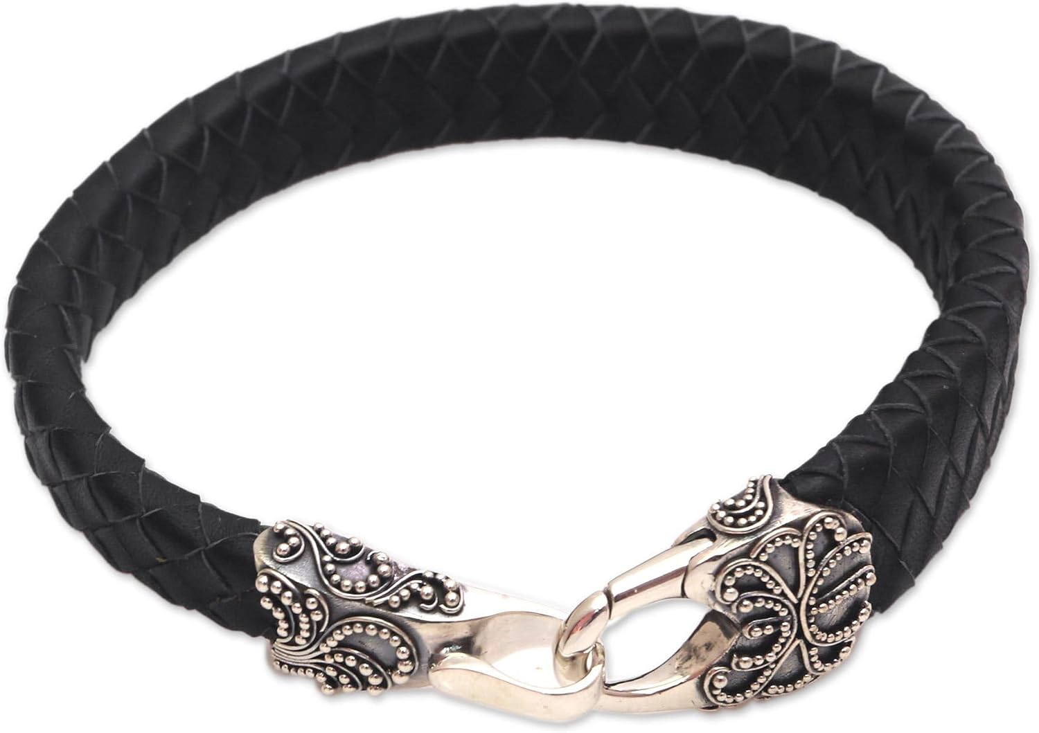 NOVICA No Stone .925 Sterling Silver Leather Men's Bracelet 'Bun Claw in Black'