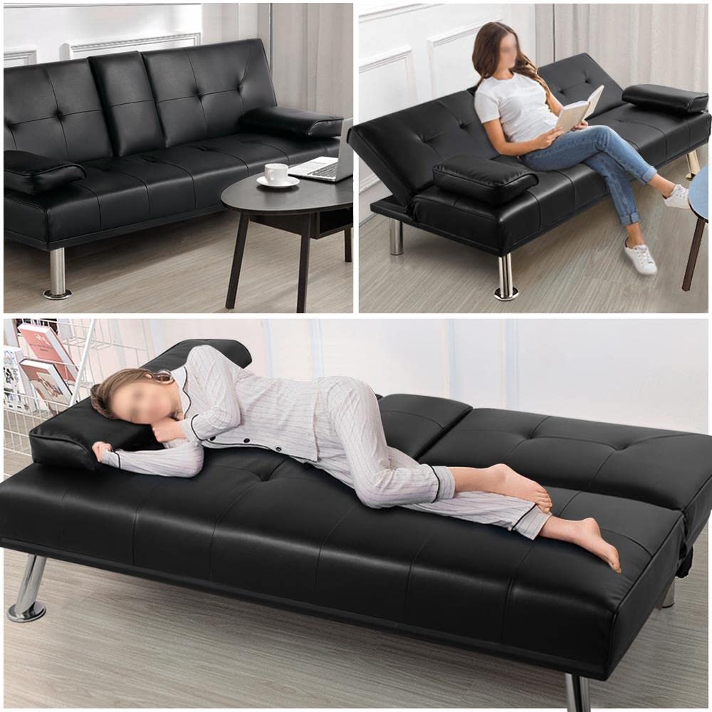 Yaheetech Divano Letto con 2 Cuscini Mobile in Ecopelle Divano Convertibile in Letto Arredamento Pieghevole 3 in 1 con Supporto Centrale Porta Bicchieri 167 × 81,5 × 75 cm da Soggiorno Nero