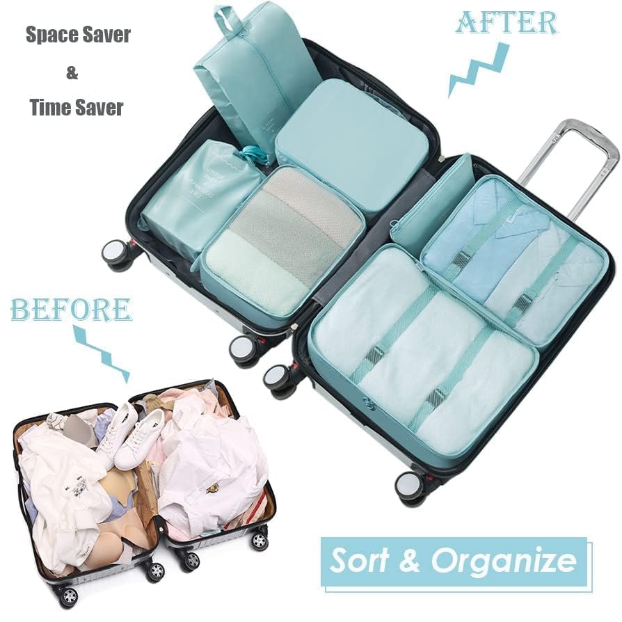 Image of 7-Pcs Travel Organizer Lightweight Packing Cubes - Cosmetics Luggage Storage Bags for Clothes, Shoes, Toiletries & Laundry | Space Saver Travel Pouches for Suitcase & Backpack (Blue)