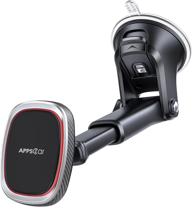 APPS2Car Magnetic Phone Holder for Car, Dashboard Windshield Phone Mount | 6 N52 Magnets, Telescopic Arm & 360° Rotation, Suction Cup Phone Mount for iPhone, Samsung & Android, Metal Plate Included