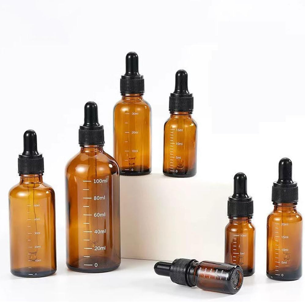 50PCS 5-100ML Empty Amber Glass Essential Oil Dropper Bottles Refillable Oil Container With Scale Reagent For Eye Drop Oils Aromatherapy Liquid Pipette Refillable Containers (50ML)